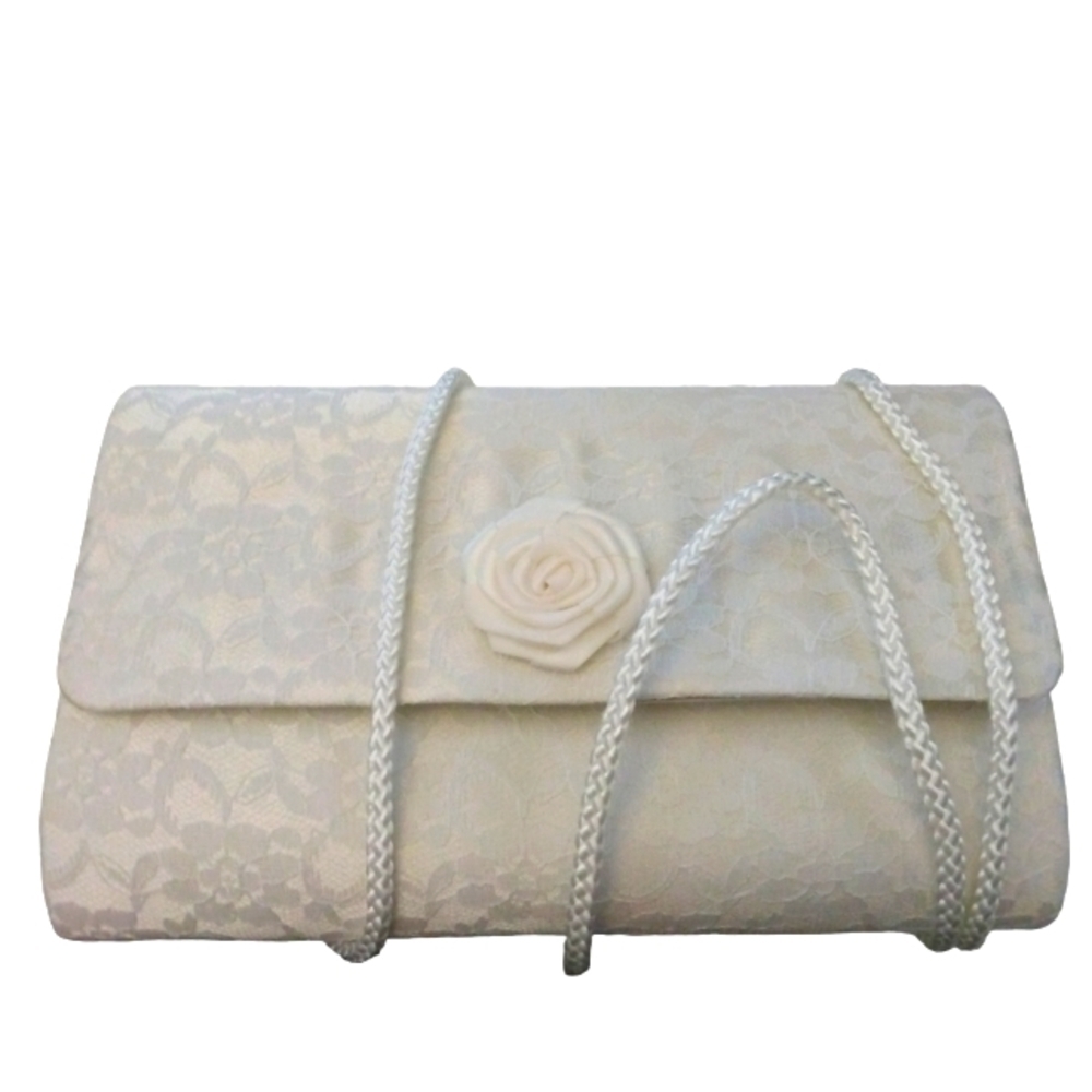 White Lace Silk Rosebud Snap Closure Inside Pocket Shoulder Formal Purse Bridal